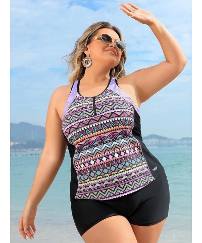 Plus Size Tankini Swimsuits Tops for Women Swim Top Only Tummy Control Bathing Suits Tops Zippered Swimswear Geometry $17.55 ...