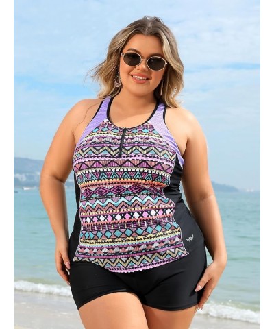 Plus Size Tankini Swimsuits Tops for Women Swim Top Only Tummy Control Bathing Suits Tops Zippered Swimswear Geometry $17.55 ...