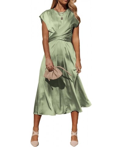 Women's 2024 Summer Satin Midi Dress Cap Sleeve Tie Waist Elegant A-Line Flowy Dresses Light Green $18.58 Dresses