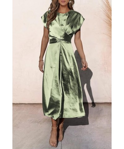 Women's 2024 Summer Satin Midi Dress Cap Sleeve Tie Waist Elegant A-Line Flowy Dresses Light Green $18.58 Dresses