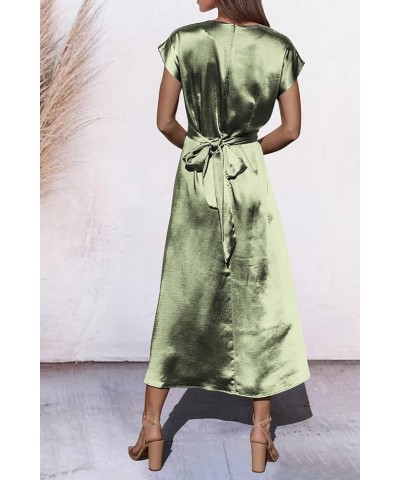 Women's 2024 Summer Satin Midi Dress Cap Sleeve Tie Waist Elegant A-Line Flowy Dresses Light Green $18.58 Dresses