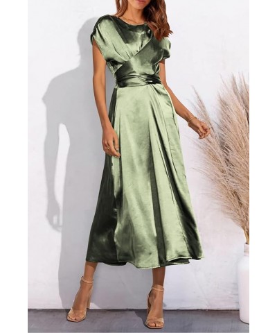 Women's 2024 Summer Satin Midi Dress Cap Sleeve Tie Waist Elegant A-Line Flowy Dresses Light Green $18.58 Dresses