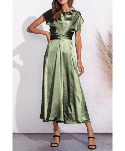 Women's 2024 Summer Satin Midi Dress Cap Sleeve Tie Waist Elegant A-Line Flowy Dresses Light Green $18.58 Dresses