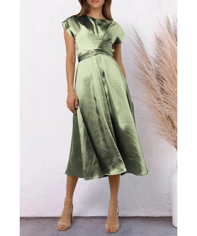 Women's 2024 Summer Satin Midi Dress Cap Sleeve Tie Waist Elegant A-Line Flowy Dresses Light Green $18.58 Dresses