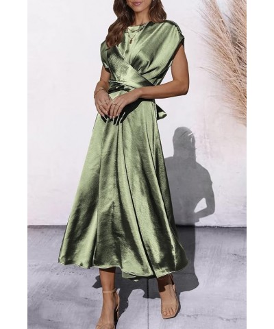 Women's 2024 Summer Satin Midi Dress Cap Sleeve Tie Waist Elegant A-Line Flowy Dresses Light Green $18.58 Dresses