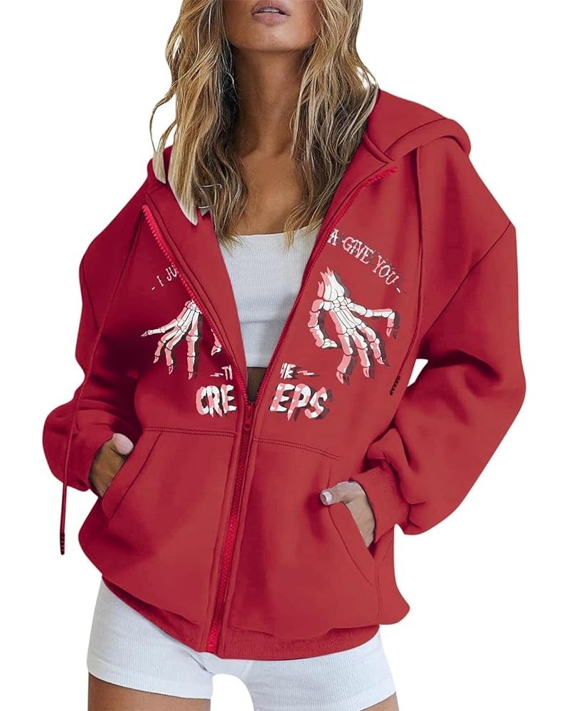 Womens Hoodies Cute Zip up Hoodies for Women Long Sleeve Fall Oversized Casual Drawstring Sweatshirts with Pocket Red-12 $14....