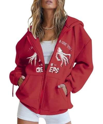 Womens Hoodies Cute Zip up Hoodies for Women Long Sleeve Fall Oversized Casual Drawstring Sweatshirts with Pocket Red-12 $14....