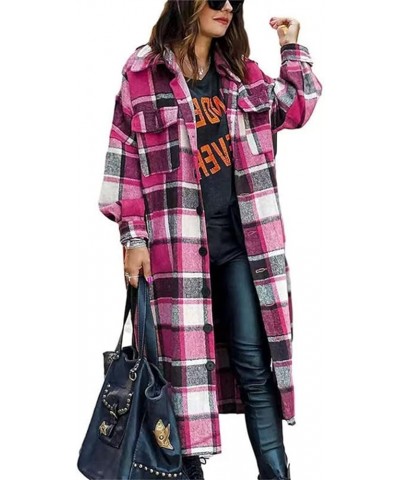 Womens Lounge Plaid Lapel Woolen Button Up Long Shirts Coat Casual Long Sleeve Tartan Shacket Jacket with Pockets Longhot Pin...