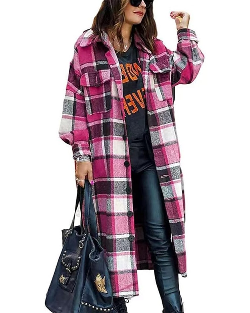 Womens Lounge Plaid Lapel Woolen Button Up Long Shirts Coat Casual Long Sleeve Tartan Shacket Jacket with Pockets Longhot Pin...