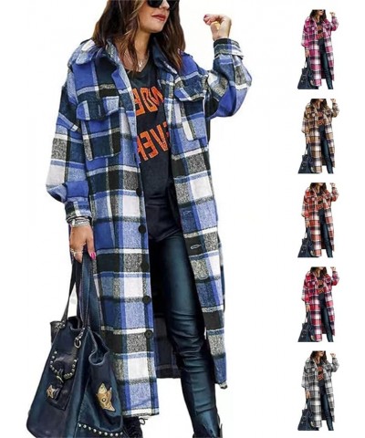 Womens Lounge Plaid Lapel Woolen Button Up Long Shirts Coat Casual Long Sleeve Tartan Shacket Jacket with Pockets Longhot Pin...