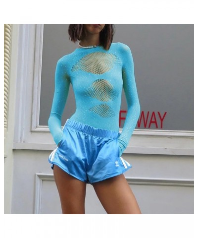 Rhinestone Cut Out Sexy Bodysuit Top for Women 2023 Fashion Slim Long Sleeve Mesh T-shirt One Piece Y2k Jumpsuit Blue $9.17 B...