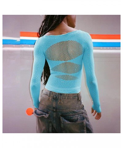 Rhinestone Cut Out Sexy Bodysuit Top for Women 2023 Fashion Slim Long Sleeve Mesh T-shirt One Piece Y2k Jumpsuit Blue $9.17 B...