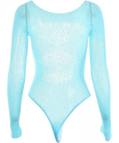 Rhinestone Cut Out Sexy Bodysuit Top for Women 2023 Fashion Slim Long Sleeve Mesh T-shirt One Piece Y2k Jumpsuit Blue $9.17 B...