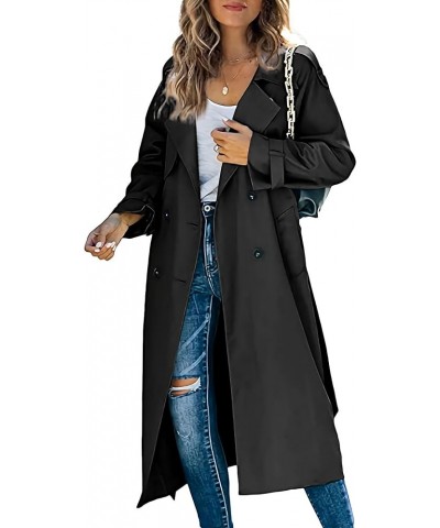 Women's Double Breasted Long Trench Coat Lapel Solid Color Windbreaker Jacket with Belt Black $23.97 Coats