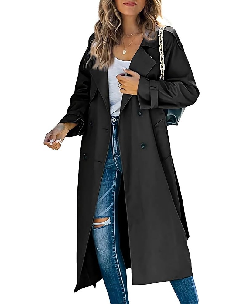 Women's Double Breasted Long Trench Coat Lapel Solid Color Windbreaker Jacket with Belt Black $23.97 Coats