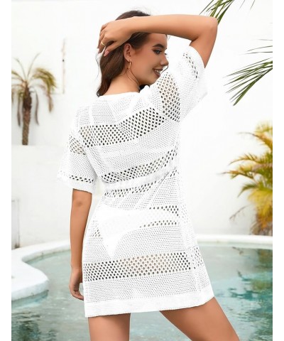 Women's Crochet Dress Swimsuit Cover Up Short Sleeve V Neck Hollow Out Drawstring Waist Beach Coverup White $12.80 Swimsuits