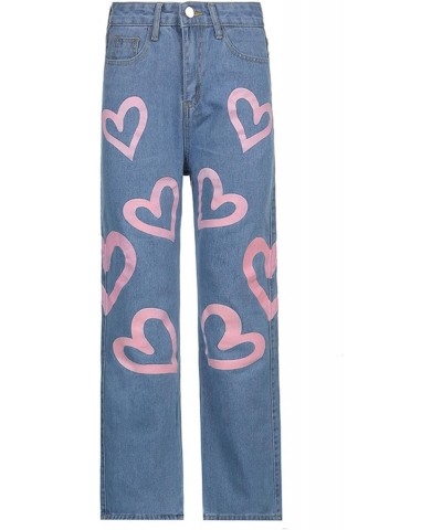 Women's Casual high-Waist Straight-Leg Slimming Heart-Shaped Print Graffiti Loose Wide-Leg Pants Street Style Patchwork Jean ...