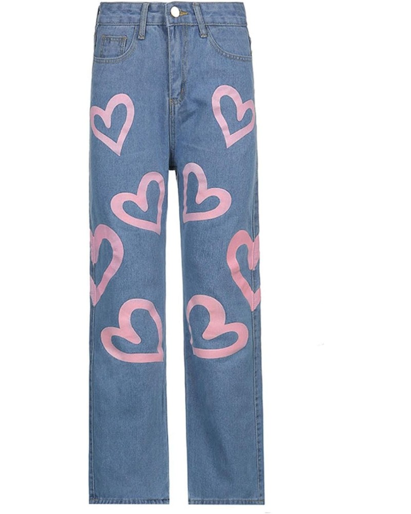 Women's Casual high-Waist Straight-Leg Slimming Heart-Shaped Print Graffiti Loose Wide-Leg Pants Street Style Patchwork Jean ...