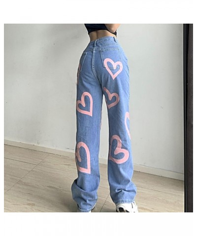 Women's Casual high-Waist Straight-Leg Slimming Heart-Shaped Print Graffiti Loose Wide-Leg Pants Street Style Patchwork Jean ...