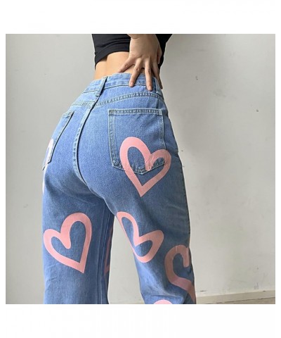 Women's Casual high-Waist Straight-Leg Slimming Heart-Shaped Print Graffiti Loose Wide-Leg Pants Street Style Patchwork Jean ...