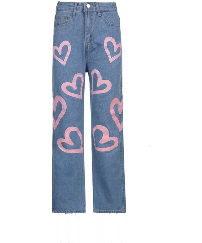 Women's Casual high-Waist Straight-Leg Slimming Heart-Shaped Print Graffiti Loose Wide-Leg Pants Street Style Patchwork Jean ...