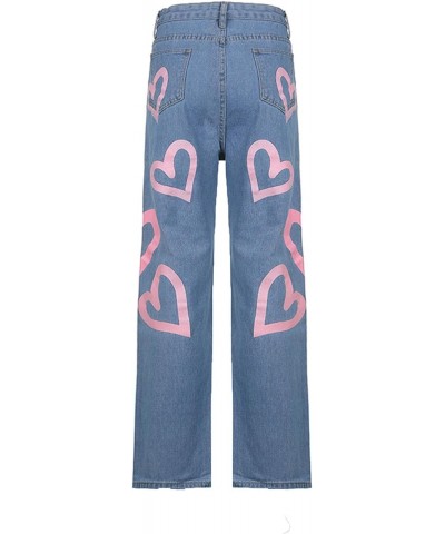 Women's Casual high-Waist Straight-Leg Slimming Heart-Shaped Print Graffiti Loose Wide-Leg Pants Street Style Patchwork Jean ...