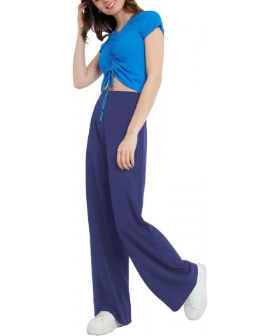 Women's Stretchy Wide Leg Pants Solid Color Comfy High Waist Loose and Casual Trouser Navy Blue $11.39 Pants