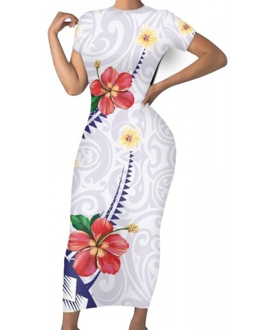 Women's Polynesian American Samoa Print Crew Neck Short Sleeve Bodycon Long Dress Blue Polynesian Hibiscus Flowers Geo $12.18...