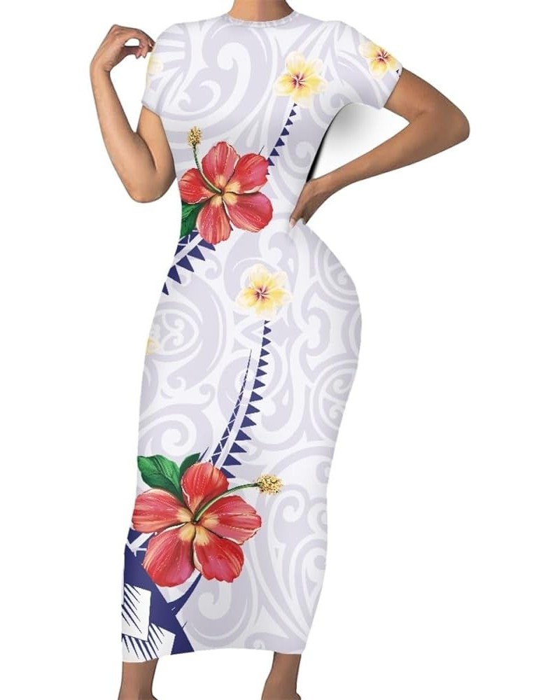 Women's Polynesian American Samoa Print Crew Neck Short Sleeve Bodycon Long Dress Blue Polynesian Hibiscus Flowers Geo $12.18...