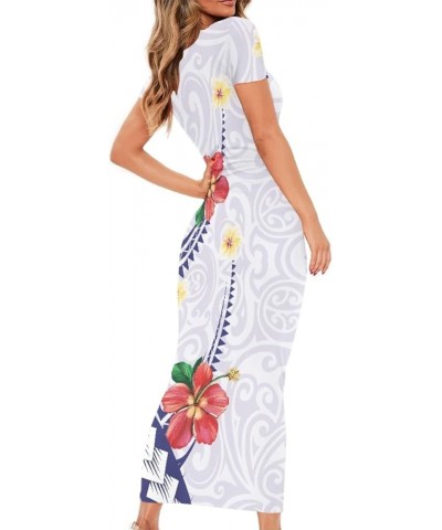 Women's Polynesian American Samoa Print Crew Neck Short Sleeve Bodycon Long Dress Blue Polynesian Hibiscus Flowers Geo $12.18...