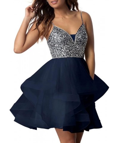 Short Homecoming Dresses Spaghetti Strap Tulle Sequins Prom Dress for Teens Mini Cocktail Dresses Navy Blue $30.45 Dresses