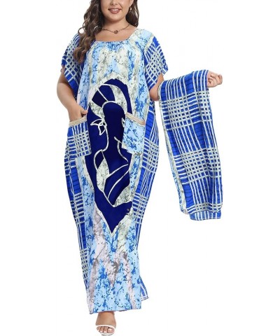 Women Plus Size Kaftan Dresses for Lounge Beach Embroidered Caftan Maxi Dress Swimsuit Cover up Sundress Blue $14.24 Swimsuits