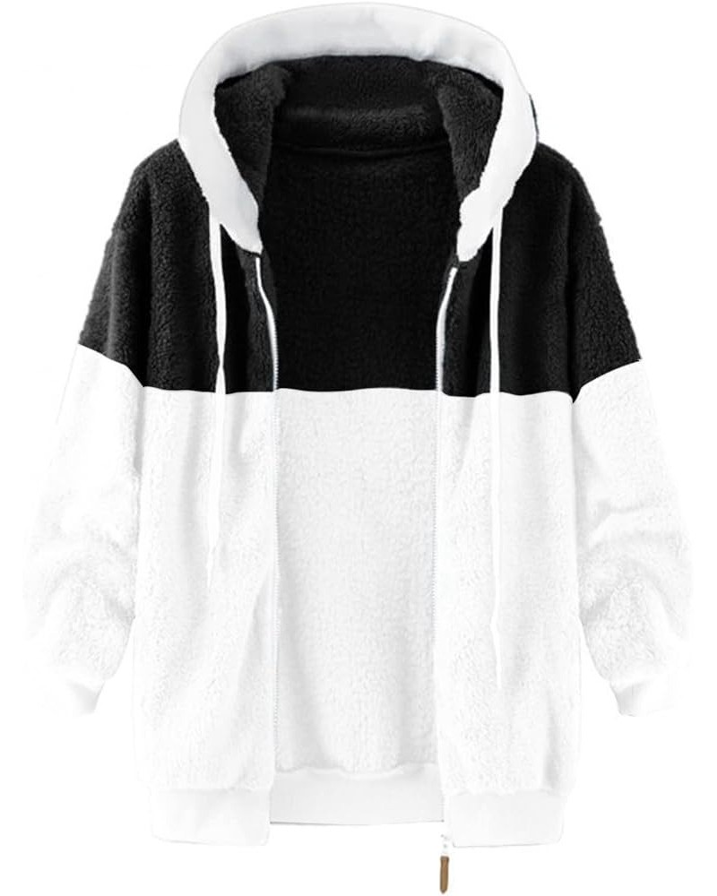 2023 Coats for Women Fuzzy Zip Up Hoodies Color Block Sweaters Sherpa Jackets Winter Warm Outwear with Pockets 02-black $11.6...