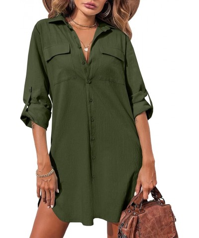 Women's Oversized Button Down Shirt Dress with Pockets Long Sleeve Cotton Linen Cover Ups Casual Tunic Blouse Top Army Green ...