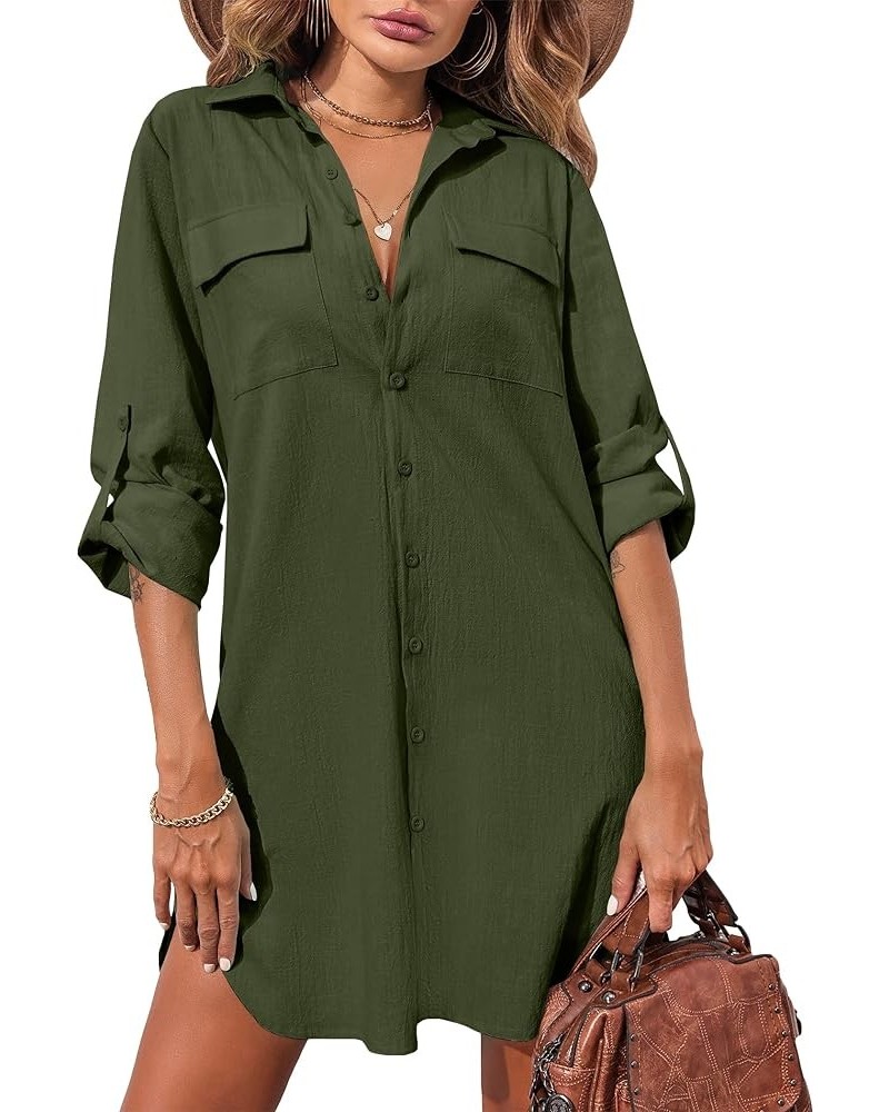 Women's Oversized Button Down Shirt Dress with Pockets Long Sleeve Cotton Linen Cover Ups Casual Tunic Blouse Top Army Green ...