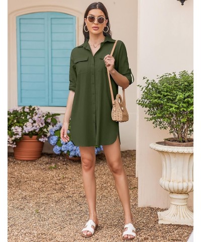 Women's Oversized Button Down Shirt Dress with Pockets Long Sleeve Cotton Linen Cover Ups Casual Tunic Blouse Top Army Green ...