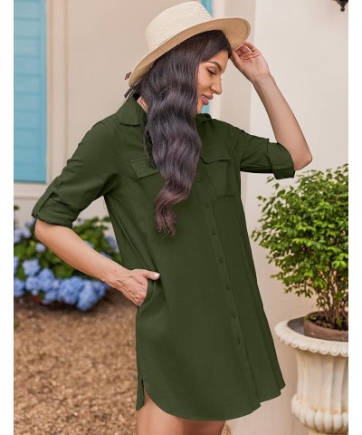 Women's Oversized Button Down Shirt Dress with Pockets Long Sleeve Cotton Linen Cover Ups Casual Tunic Blouse Top Army Green ...