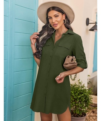 Women's Oversized Button Down Shirt Dress with Pockets Long Sleeve Cotton Linen Cover Ups Casual Tunic Blouse Top Army Green ...