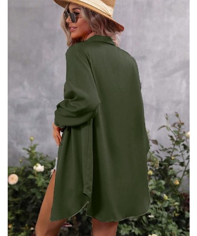 Women's Oversized Button Down Shirt Dress with Pockets Long Sleeve Cotton Linen Cover Ups Casual Tunic Blouse Top Army Green ...