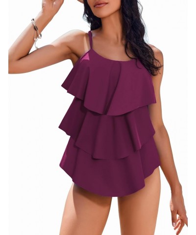 Women Tankini Set V-Neck Ruffle Layered Two Piece Swimsuits Adjustable Strap Flounce Bathing Suits Swimwear Wine Red $17.15 S...