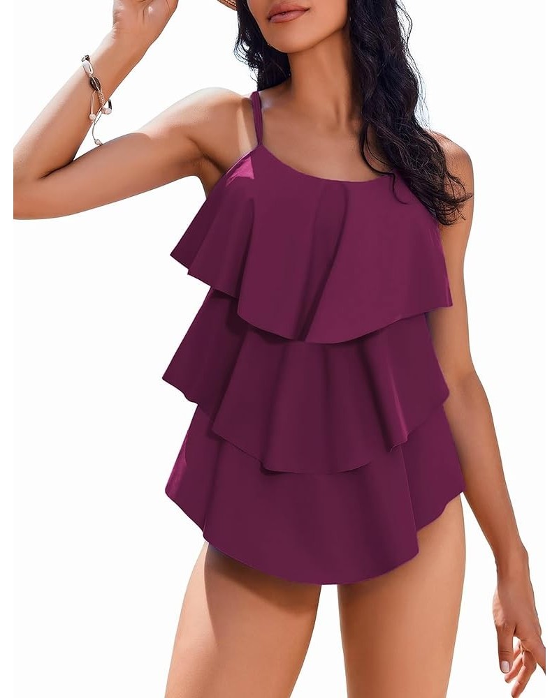 Women Tankini Set V-Neck Ruffle Layered Two Piece Swimsuits Adjustable Strap Flounce Bathing Suits Swimwear Wine Red $17.15 S...