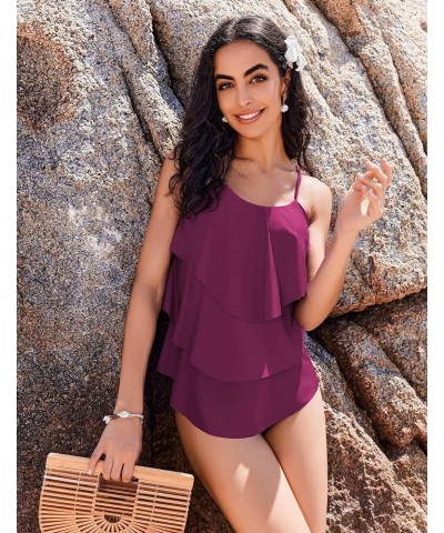 Women Tankini Set V-Neck Ruffle Layered Two Piece Swimsuits Adjustable Strap Flounce Bathing Suits Swimwear Wine Red $17.15 S...