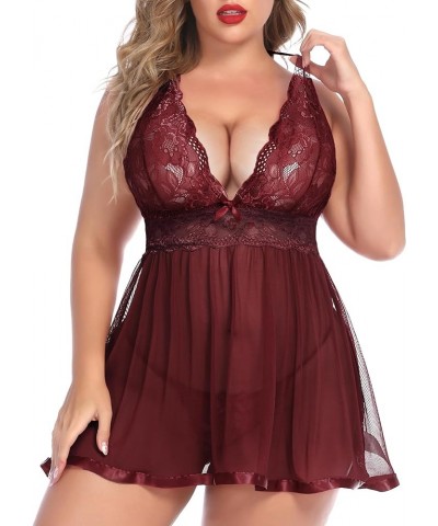 Women Plus Size Babydoll Lingerie Lace Chemise Mesh Sleepwear Dark Red $12.69 Lingerie