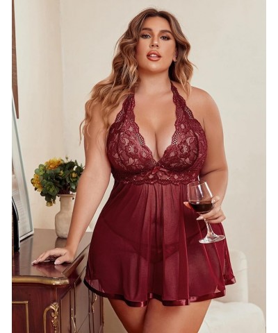 Women Plus Size Babydoll Lingerie Lace Chemise Mesh Sleepwear Dark Red $12.69 Lingerie