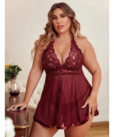 Women Plus Size Babydoll Lingerie Lace Chemise Mesh Sleepwear Dark Red $12.69 Lingerie