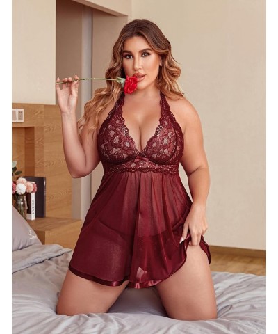 Women Plus Size Babydoll Lingerie Lace Chemise Mesh Sleepwear Dark Red $12.69 Lingerie