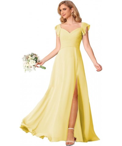 Women's Flutter Sleeve Bridesmaid Dresses Long V Neck Chiffon Formal Evening Dress with Slit TN047 Canary $29.11 Dresses