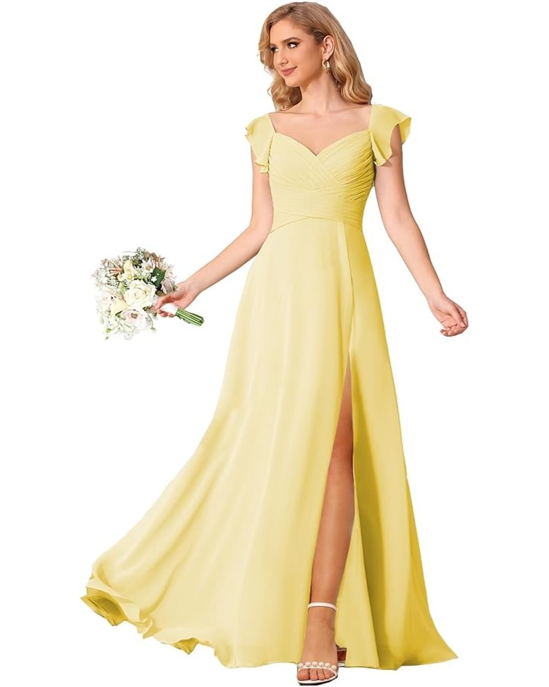 Women's Flutter Sleeve Bridesmaid Dresses Long V Neck Chiffon Formal Evening Dress with Slit TN047 Canary $29.11 Dresses