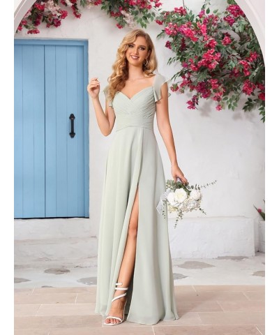 Women's Flutter Sleeve Bridesmaid Dresses Long V Neck Chiffon Formal Evening Dress with Slit TN047 Canary $29.11 Dresses