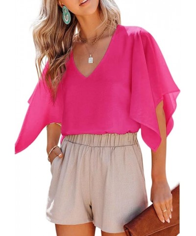 Women's Blouses Casual V Neck Ruffle Short Sleeve Summer Tops Shirts A Hot Pink $11.07 Blouses